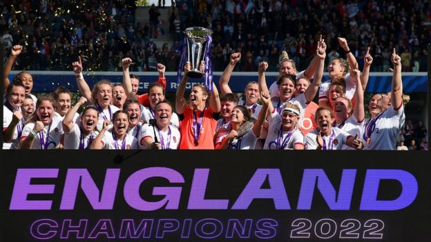 England celebrate with the 2022 Women's Six Nations trophy
