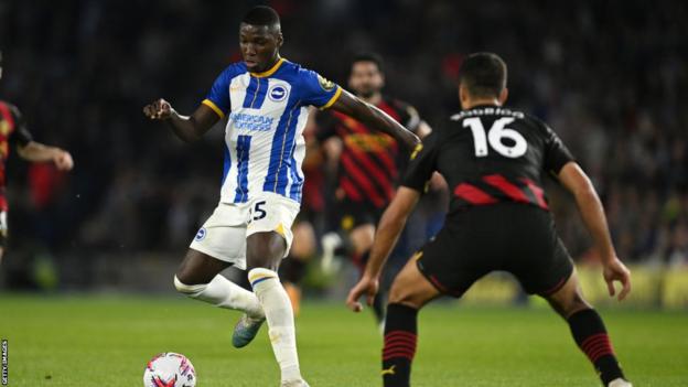 Moises Caicedo of Brighton & Hove Albion in action during the Premier League match between Brighton & Hove Albion and Manchester City