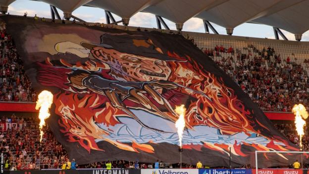 Football tifo in A-League match between Sydney FC and Western Sydney Wanderers