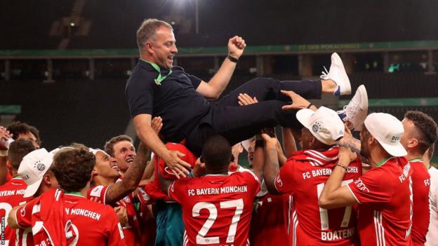 Bayern Munich throw Hansi Flick in the air after winning the Champions League
