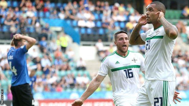 Northern Ireland striker Josh Magennis celebrates scoring against Estonia in Tallinn in 2019