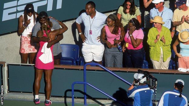 Serena Williams hugs her father, Richard, at Indian Wells