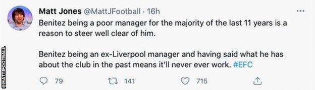 Tweet from Matt Jones, who says Benitez has been a poor manager for the majority of the last 11 years.
