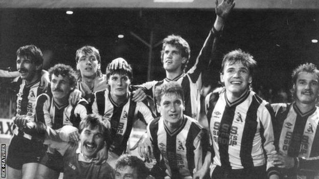 Chorley's players celebrate after beating Wolves in the FA Cup first round in 1986