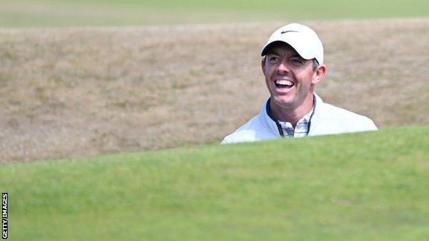 Rory McIlroy in a bunker during practice at the Old Course