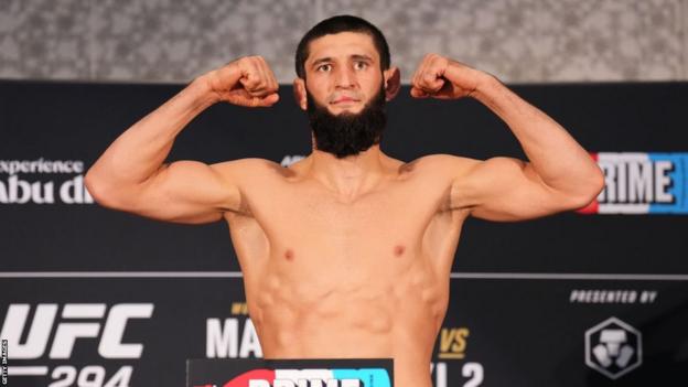 Khamzat Chimaev weighs in for his middleweight fight against Kamaru Usman at UFC 294 in Abu Dhabi