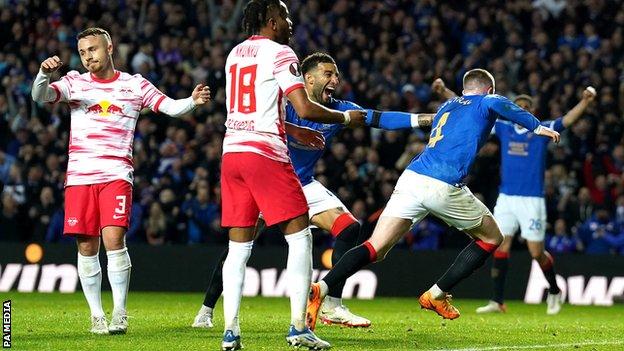 Rangers celebrate after John Lundstram (right) scores against RB Leipzig