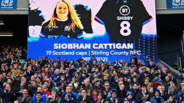 An image of Siobhan Cattigan is shown on a screen at Murrayfield