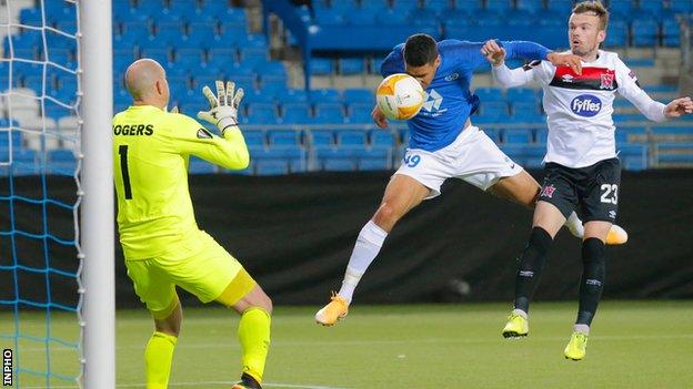 Ohi Omoijuanfo heads in Molde's second goal against Molde at the Aker Stadion