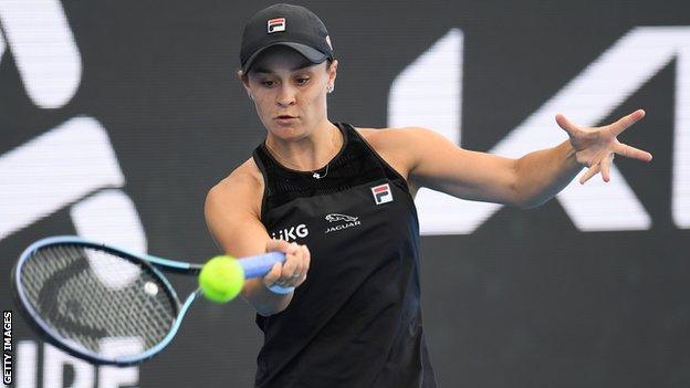 Ashleigh Barty hits a forehand