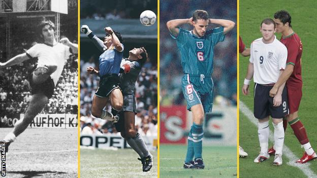 (Left to right) Gerd Muller scores against England in 1970, Diego Maradona's 'Hand of God' in 1986, Gareth Southgate in 1996 and Wayne Rooney and Cristiano Ronaldo in 2006