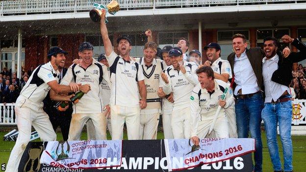 Middlesex lift the County Championship cup at Lord's