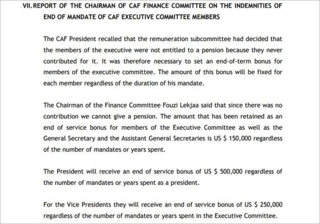 Minutes from a Caf meeting in January 2018 detailed end-of-service bonuses for ExCo members