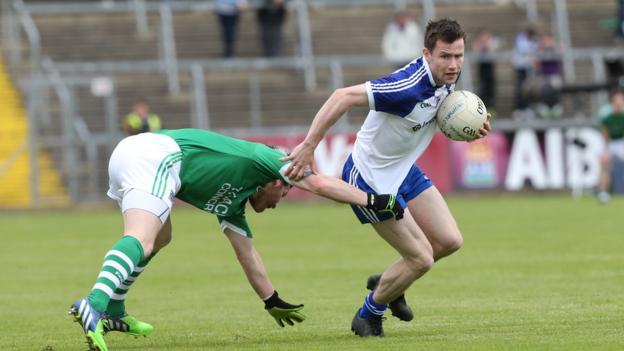 Fermanagh's Niall Cassidy gets to grips with Karl McConnell as Fermanagh go down 1-20 to 0-13 in the last-four clash in Cavan