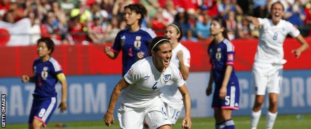 Fara Williams (centre) celebrates scoring from the penalty spot