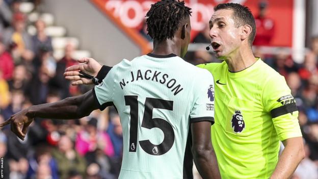 Nicolas Jackson being spoken to by referee David Coote during last week's draw at Bournemouth