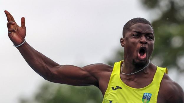 Israel Olatunde celebrates winning the 100m at Santry on Sunday