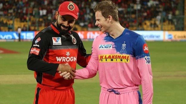 India and Royal Challengers captain Virat Kohli shakes hands with Rajasthan Royals' Steve Smith