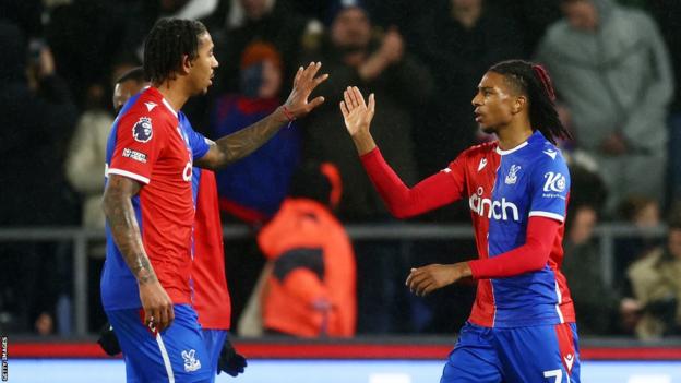 Michael Olise celebrates his second goal in Palace's victory over Brentford