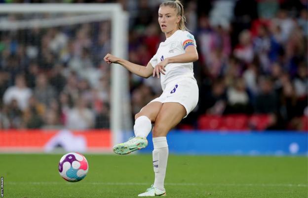 Leah Williamson plays against Austria at Old Trafford