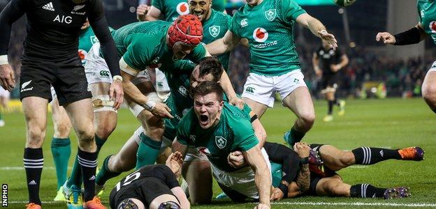 Jacob Stockdale scores the only try of the game in Ireland's 16-9 win over New Zealand