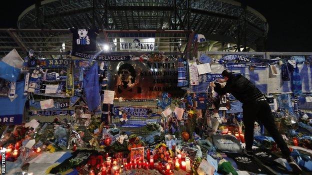 Tributes left in memory of Diego Maradona outside the San Paolo stadium