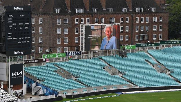 A board paying tribute to Queen Elizabeth II following her death at the Kia Oval cricket ground