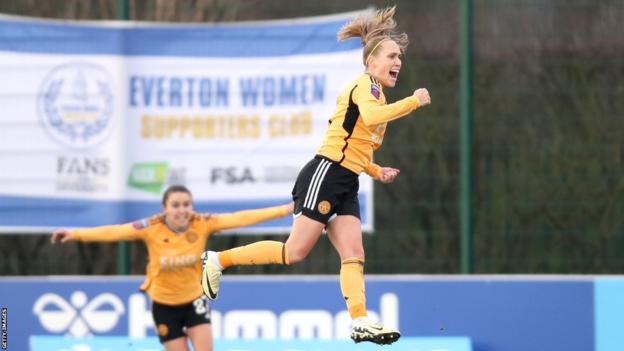 Janice Cayman of Leicester City celebrates scoring her team's first goal during the Barclays Women's Super League match between Everton FC and Leicester City at Walton Hall Park on January 28, 2024 in Liverpool