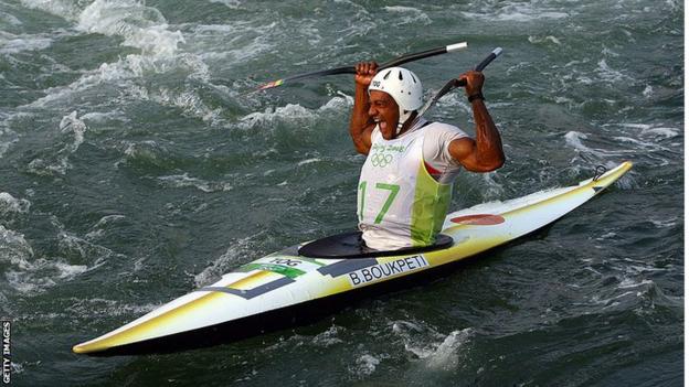 Togolese canoeist Benjamin Boukpeti celebrates his bronze medal at the 2008 Beijing Olympics