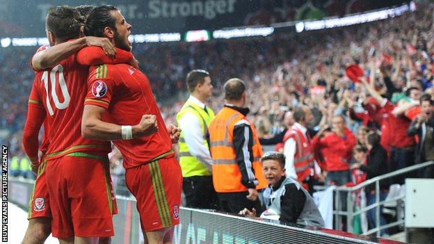 Gareth Bale celebrates his goal for Wales against Belgium in June 2015