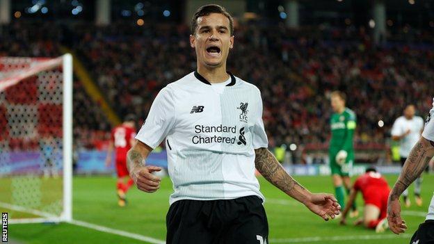 Philippe Coutinho celebrates scoring against Spartak Moscow