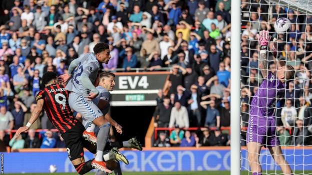 Dominic Solanke heads in Bournemouth's opener against Everton