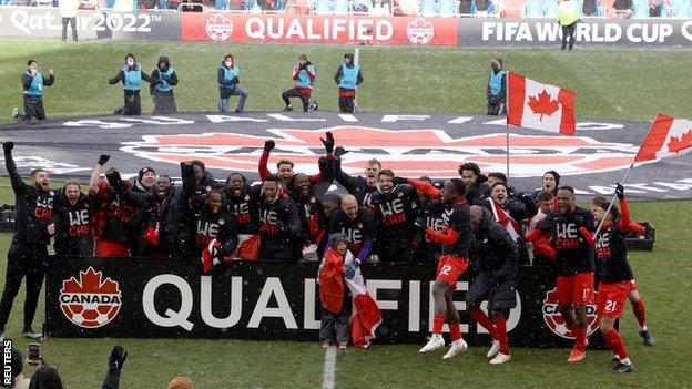 Canada players celebrate after qualifying to the World Cup