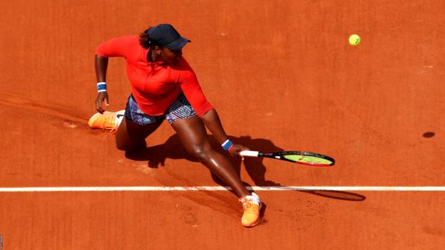 Paris, France, 26 May: Taylor Townsend of The United States volleys in her ladies singles first round match against Garbine Muguruza of Spain at Roland Garros. (Photo by Adam Pretty/Getty Images)
