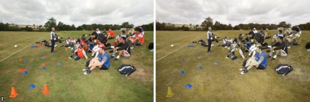 Players sit next to training cones. In the original image orange cones are clearly visible, but the other shows how they are barely visible - this is how colour blind people might see them