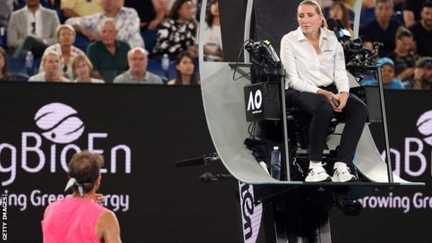 Rafael Nadal and umpire Aurelie Tourte