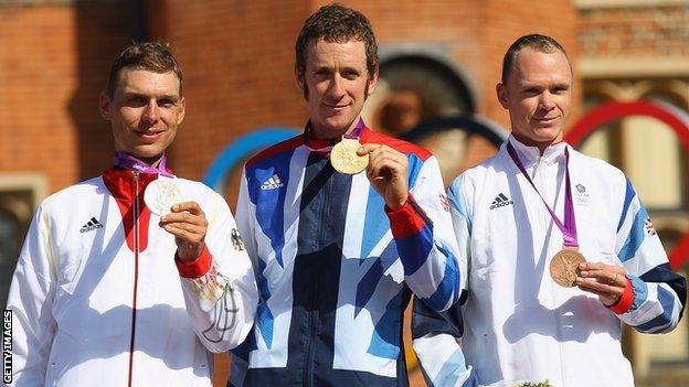 Tony Martin, Bradley Wiggins and Chris Froome with their Olympic time trial medals on the podium at London 2012