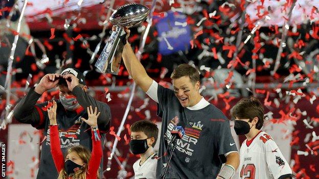 Tom Brady celebrates winning the Super Bowl last year