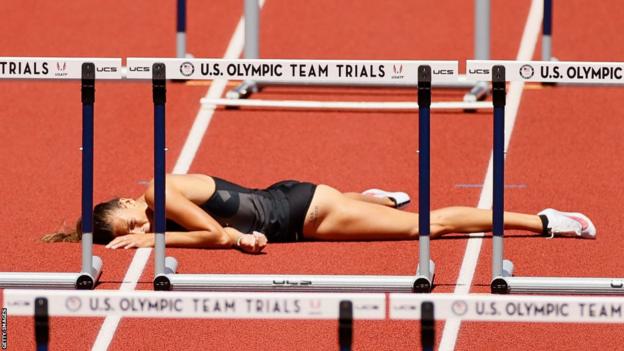 Anna Hall falls during the women's heptathlon 100n hurdles at the US Olympic team trials in 2021