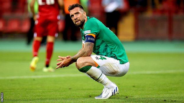 Shane Duffy shows his disappointment after the Republic of Ireland's shock defeat by Armenia on Saturday