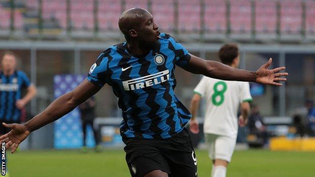 Romelu Lukaku celebrates scoring for Inter Milan
