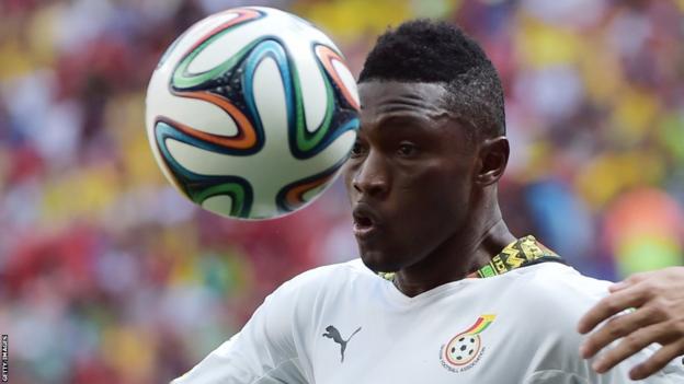 Abdul Majeed Waris heads the ball while playing for Ghana