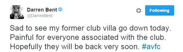 Ex-Villa striker Darren Bent is not taking any joy in his former side's plight