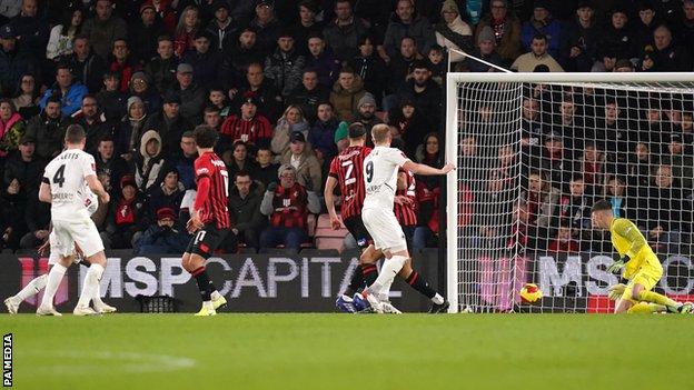 Mark Ricketts scores for non-league Boreham Wood at Bournemouth in the FA Cup