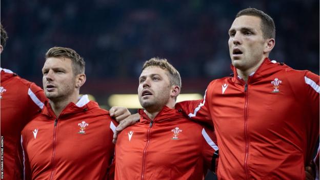 Dan Biggar (left), Leigh Halfpenny (centre) and George North (right) have all played 100 internationals for Wales