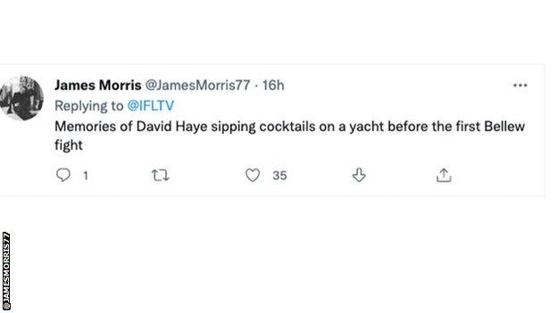 Tweet about David Haye drinking cocktails ahead of Tony Bellew fight.