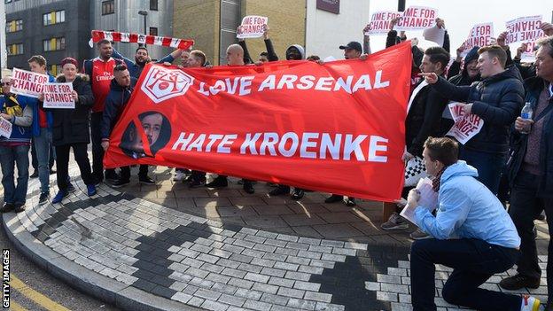 Arsenal fans display a message for owner Stan Kroenke in April 2016