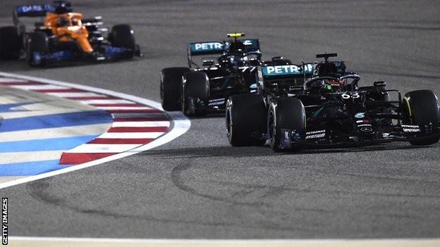 George Russell ahead of Valtteri Bottas at the Sakhir Grand Prix