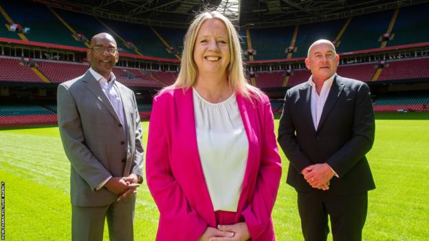 Chief executive Abi Tierney (centre), executive director of rugby Nigel Walker (left) and chair Richard Collier-Keywood (right) are the people charged with improving Welsh rugby