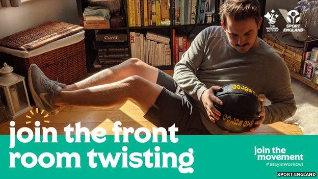 A man twisting round in his front room with a medicine ball and words reading "join the front room twisting"